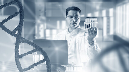 Man geneticist. DNA chain near guy with flasks. Laboratory assistant for genome studies. Geneticist sits at table with laptop. DNA sequencing. Science genetics. Man modifies genome DNA of animals.