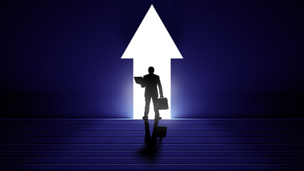 Business growth. Silhouette investor near up arrow. Progress for business man. Manager with...