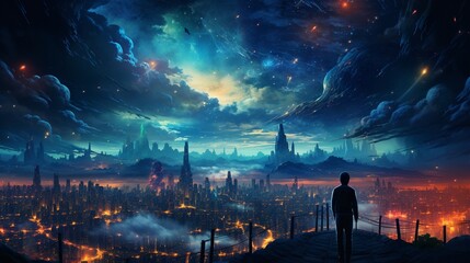 An illustration of a person gazing at a vast, starry sky, drawing constellations that spell Dreams Achieved, symbolizing limitless potential  Color Grading Complementary Color