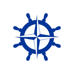 Logo Nautical. Club de yate. Símbolo rosa de los vientos en silueta de timón de barco