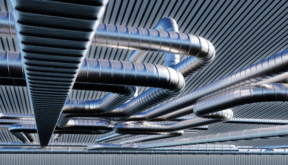 Air handling unit under roof. Air-conditioning ducts. Aluminum ventilation pipes near ceiling....