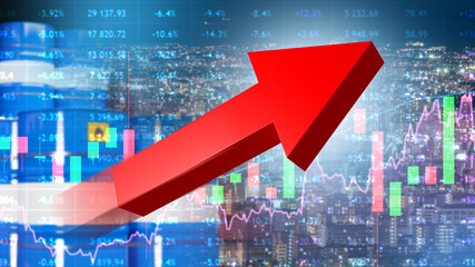 Growth in oil futures. Increase in petrolium prices. Up arrow near oil barrels. Positive financial...