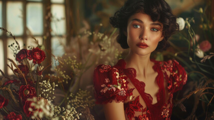 A woman in a red dress sits next to a colorful bunch of vibrant flowers, creating a striking contrast in colors and textures