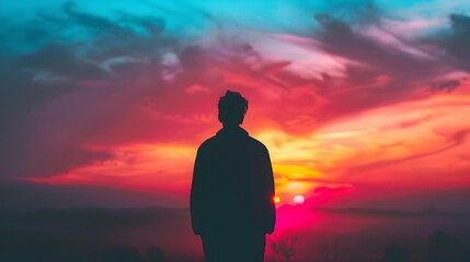 Fototapeta premium Silhouetted Figure Amid Vibrant Sunset Skies A Symbolic Journey of Introspection and Transcendence