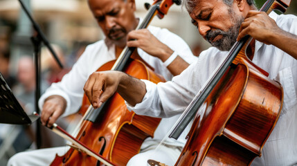 Several men are playing musical instruments on a busy street, creating a lively atmosphere with their music