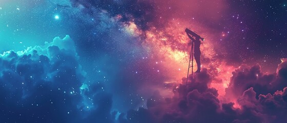 An image blending a figure looking through a telescope at the stars with a ladder reaching up to the sky, symbolizing ambitious goals and the pursuit of dreams  Color Grading Complementary Color - obrazy, fototapety, plakaty