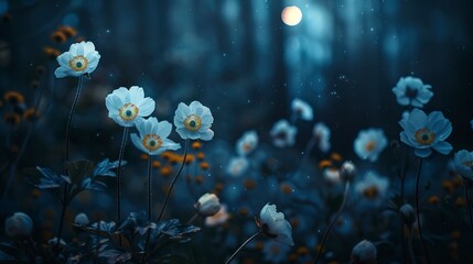 Fototapeta na wymiar Mystical flowers glowing, dark forest background, close-up, high-angle, under moonlit spell