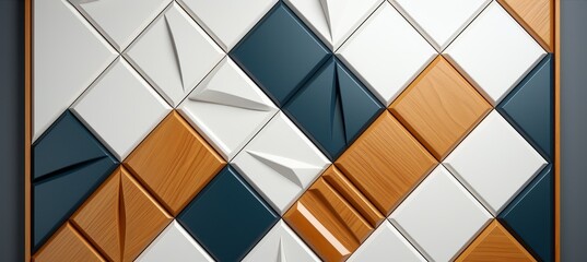 high-tech background with geometric glazed metalic figures of various shapes with blue, white, gold...