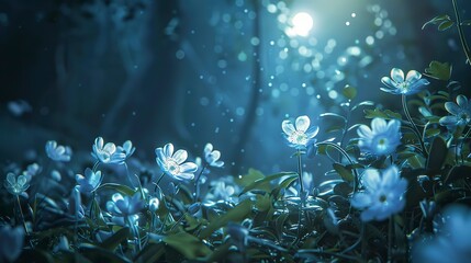 Obraz na płótnie Canvas Mystical flowers glowing, dark forest background, close-up, high-angle, under moonlit spell -