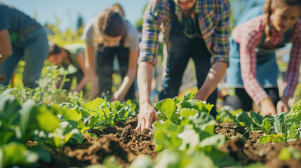 Inspiring photo of a diverse group of people working together in a community garden, cultivating organic produce and composting food waste