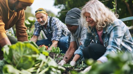 Inspiring photo of a diverse group of people working together in a community garden, cultivating organic produce and composting food waste