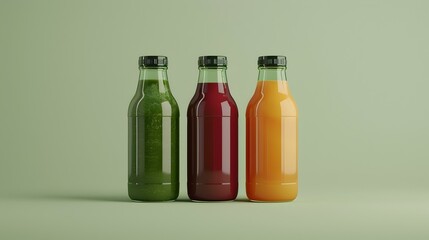Artisanal Juices in Modern Bottles Displayed Side by Side on a Minimalist Green Background
