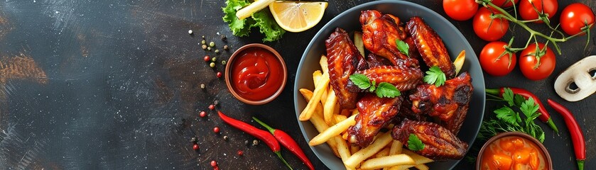 Air fryer cooking, vibrant kitchen, wings, fries, vegetables, clear day, space for text