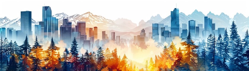 Animated cityscape with skyscrapers, coniferous forest, mountain, on white, text space - obrazy, fototapety, plakaty