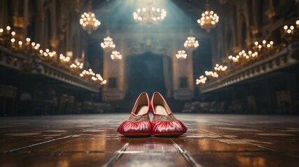 An image blending a pair of ballet shoes on stage with a standing ovation, symbolizing artistic achievement and public acclaim  Color Grading Complementary Color - obrazy, fototapety, plakaty