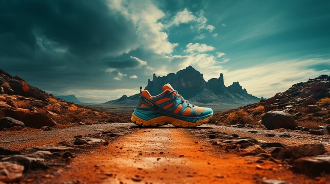 An image blending a pair of running shoes on the ground with a trail leading through a beautiful landscape, symbolizing the journey and dedication to fitness goals  Color Grading Complementary Color