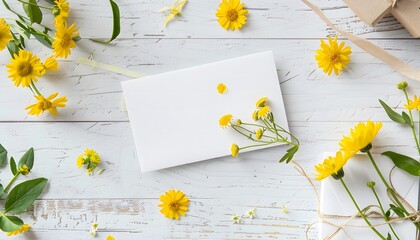 Mockup of greeting card or invitation. White paper and yellow meadow flowers on a white wooden background.