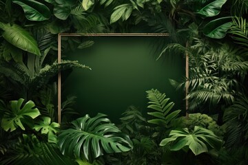 Green frame background, tropical leaves and plants around the green rectangle in the middle of the photo with space for text