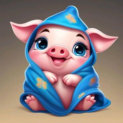Cartoon character. Cute pink pig sits in a cute blue blanket and smiles