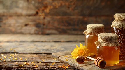 Bee propolis with honey jars, rustic table, natural remedy theme, copy area