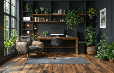 A rustic home office with dark wood floors, black walls and shelves filled with plants. Created with Ai