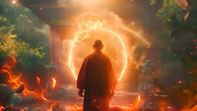 Monk Confronting Mystical Fire Portal at Temple with Ai generated.
