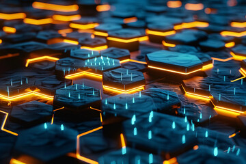 Glowing hexagonal tiles with neon blue and orange edges on a dark surface