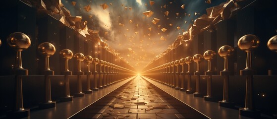 An image depicting a pathway lined with various symbols of success diplomas, trophies, and golden stars leading to a shining gateway labeled Future  Color Grading Complementary Color - obrazy, fototapety, plakaty