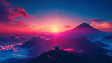 Tuinposter An image blending a vibrant sunrise over a mountain with a graduation scene, symbolizing new beginnings and achievements  Color Grading Complementary Color © Parinwat Studio