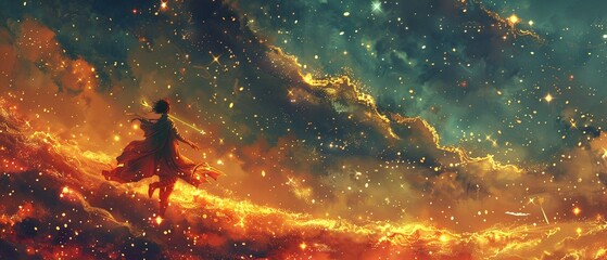 Obraz na płótnie Canvas An image depicting a person riding a golden arrow soaring upwards towards stars, each star named after a different aspiration Color Grading Complementary Color