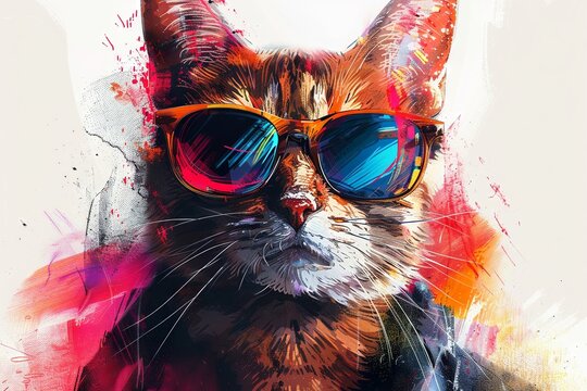 Cool cat rapper logo, lively paint strokes, on white, room for text