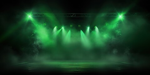 Fototapeta na wymiar Green stage background, green spotlight light effects, dark atmosphere, smoke and mist, simple stage background, stage lighting, spotlights