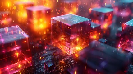 Floating holographic geometric shapes form an abstract technology background, symbolizing a network of digital connections