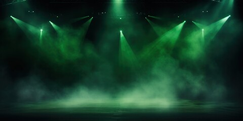 Green stage background, green spotlight light effects, dark atmosphere, smoke and mist, simple stage background, stage lighting, spotlights