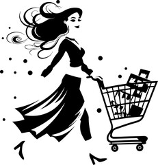 Haute Hauler Woman with Shopping Cart Icon Style Scout Chic Trolley Logo Design