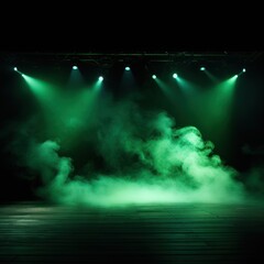 Green stage background, green spotlight light effects, dark atmosphere, smoke and mist, simple stage background, stage lighting, spotlights
