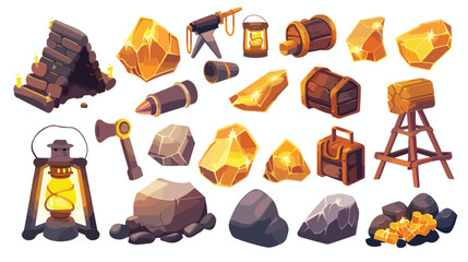 Game ui icons of gold mine tools. Cartoon vector illustration