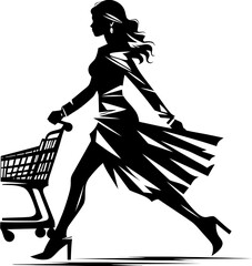 Trendy Shopper Woman with Cart Logo Vogue Voyager Fashionable Trolley Emblem