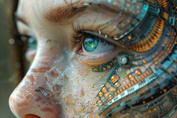 Close-up of a cybernetic entity, serving as a muse for human creativity, where circuitry intertwines with human features - obrazy, fototapety, plakaty