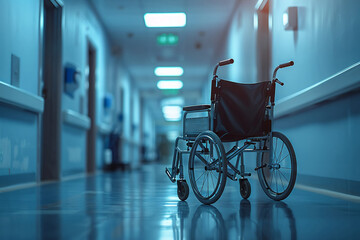 Empty wheelchair in hospital corridor, Lud panoramic view, blurred background, space for text