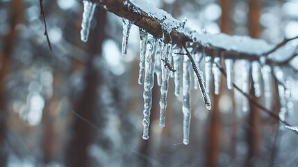Icicles hanging from branch, forest background, close-up, eye-level, crisp morning frost  - obrazy, fototapety, plakaty