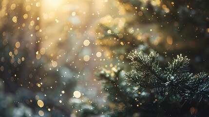 Snowflakes on pine needles, close-up, low angle, blurred forest, serene winter light  - obrazy, fototapety, plakaty