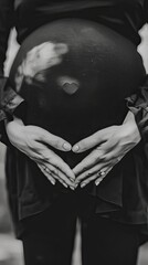 Closeup of pregnant belly, a woman's hand on her stomach against a monochrome background. Happy Mother's day Image.