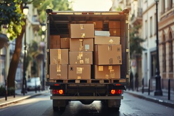 Full truck trunk, packed with boxes, moving concept, sunny day, room for text