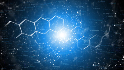 Chemical molecules and elements word cloud illustration on bright blue abstract background. - obrazy, fototapety, plakaty