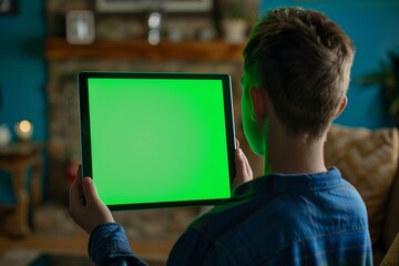 App demo near shoulder of a teen boy holding a tablet with an entirely green screen - Powered by Adobe