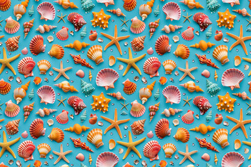 Assorted seashells and starfish on a turquoise background