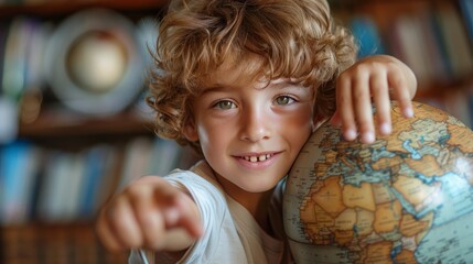 Education and Learning: A photo of a child pointing to a location on a globe