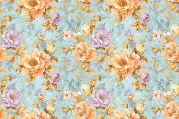 Elegant floral wallpaper with roses in soft pastel tones