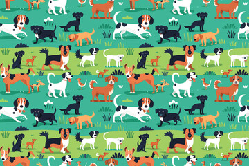 Cute variety of dogs in a seamless pattern with a green background